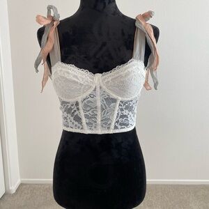 SHEIN White Lace Crop Top with Ribbon Straps